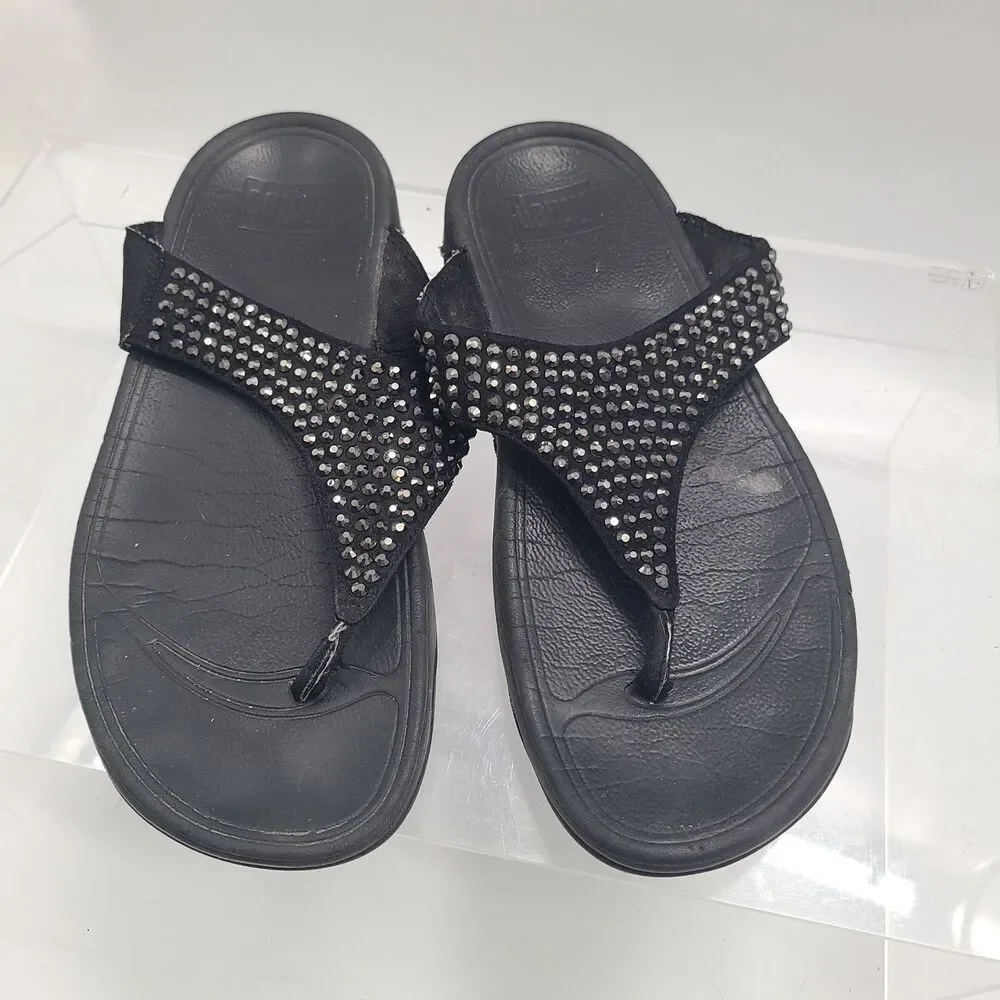 FitFlop Sandals Women 8 Wedge Flip Flop Embellished Suede Black